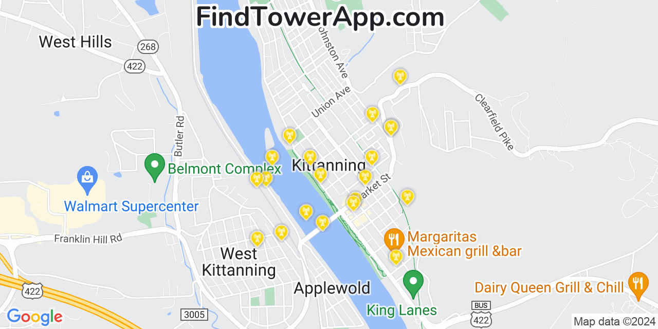 AT&T 4G/5G cell tower coverage map Kittanning, Pennsylvania