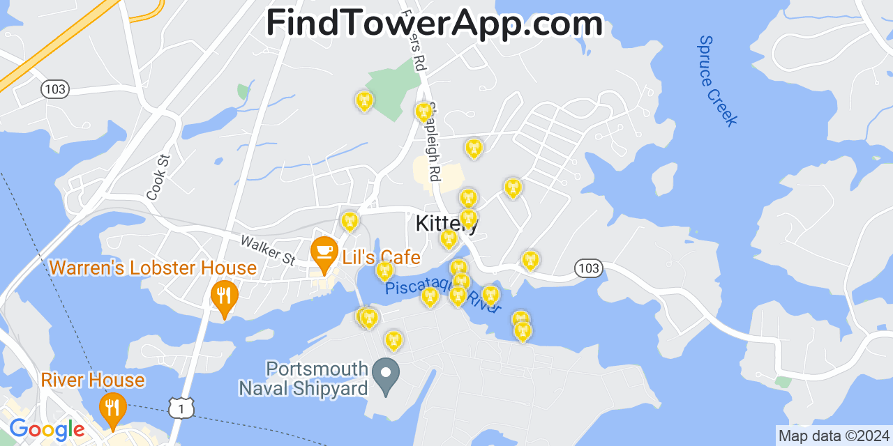 AT&T 4G/5G cell tower coverage map Kittery, Maine