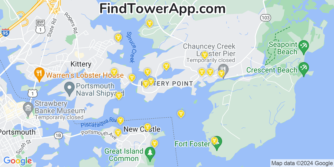 AT&T 4G/5G cell tower coverage map Kittery Point, Maine