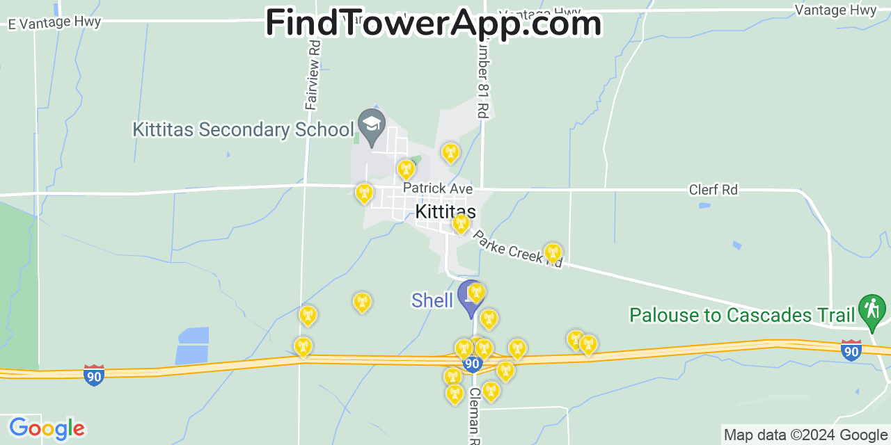AT&T 4G/5G cell tower coverage map Kittitas, Washington