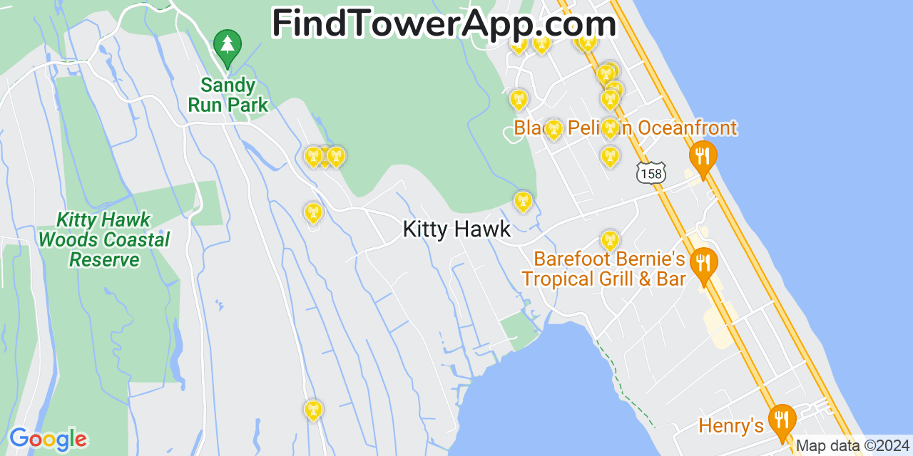 AT&T 4G/5G cell tower coverage map Kitty Hawk, North Carolina