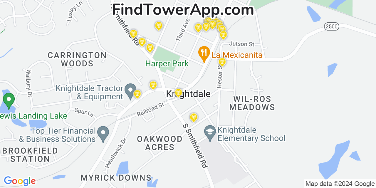 AT&T 4G/5G cell tower coverage map Knightdale, North Carolina