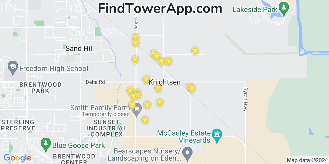 AT&T 4G/5G cell tower coverage map Knightsen, California