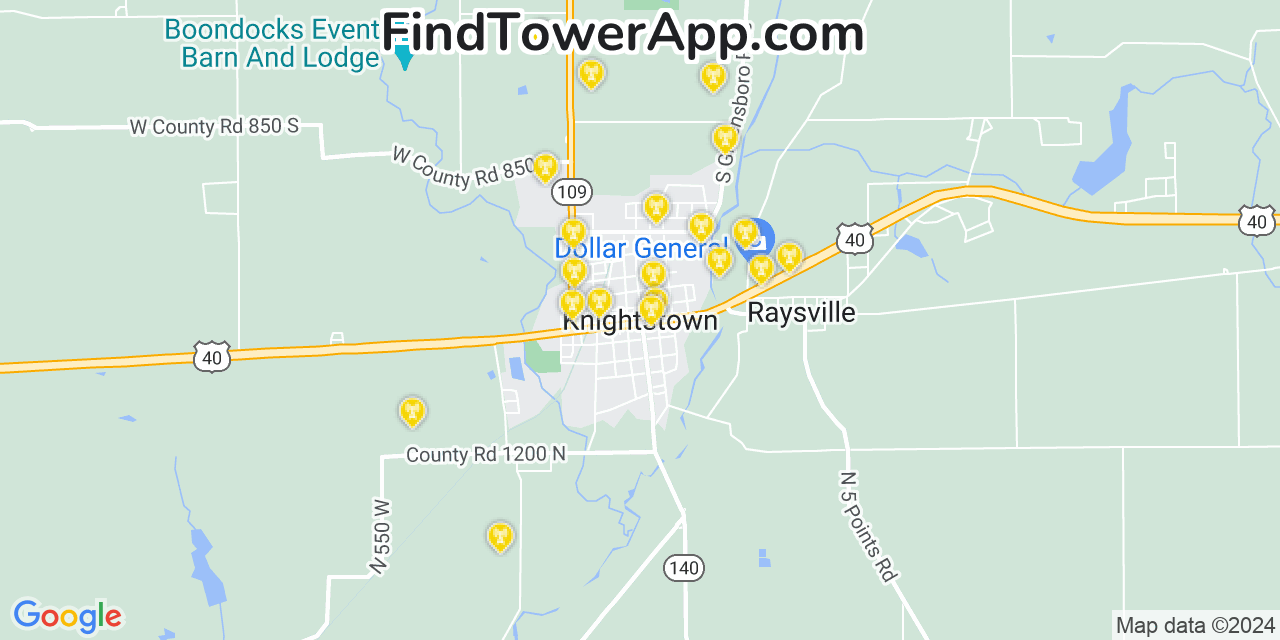 AT&T 4G/5G cell tower coverage map Knightstown, Indiana