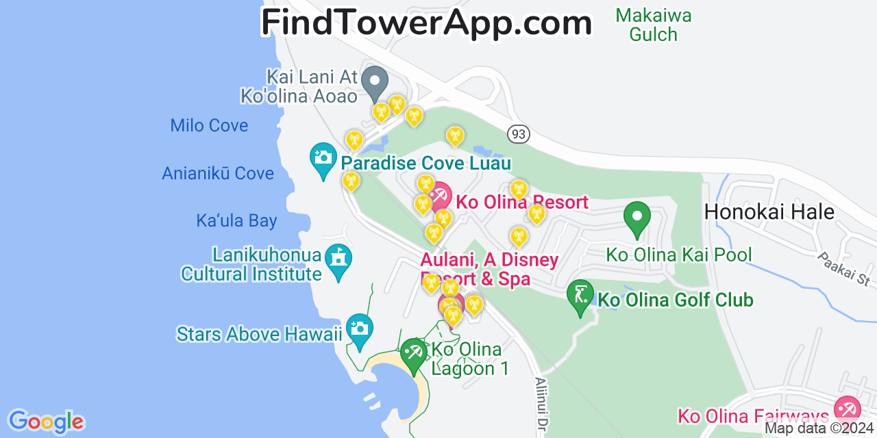 AT&T 4G/5G cell tower coverage map Ko Olina, Hawaii