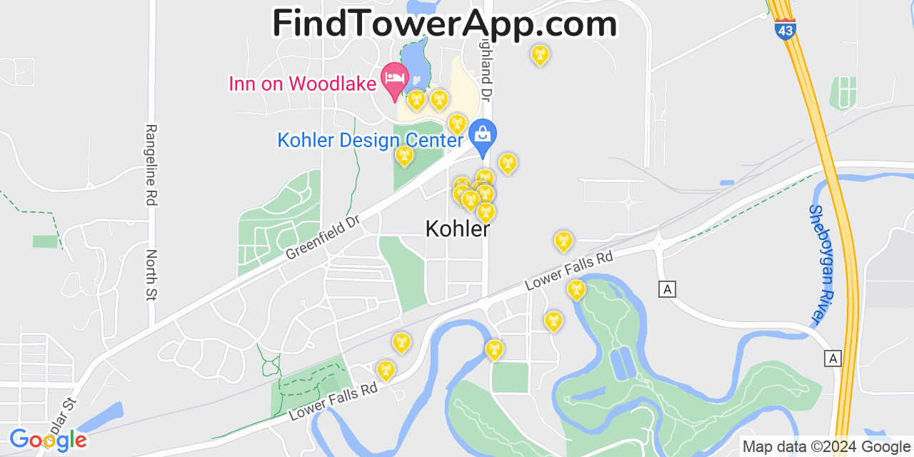 AT&T 4G/5G cell tower coverage map Kohler, Wisconsin