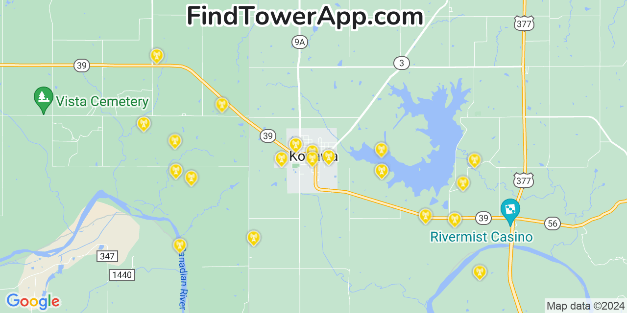 AT&T 4G/5G cell tower coverage map Konawa, Oklahoma