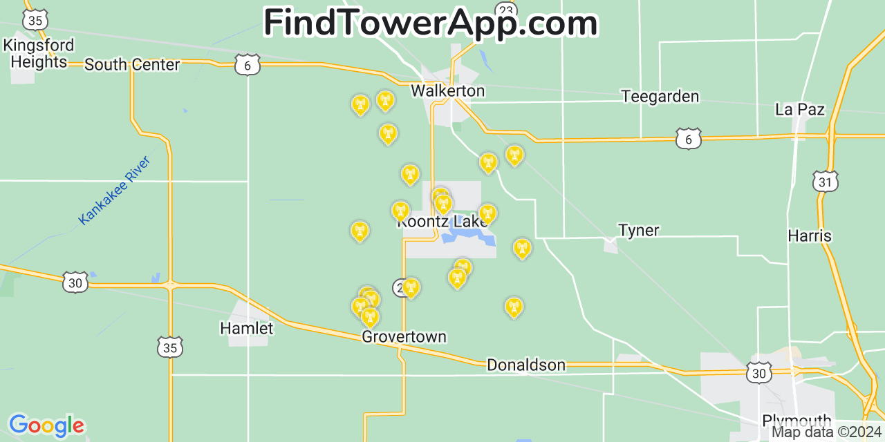 AT&T 4G/5G cell tower coverage map Koontz Lake, Indiana