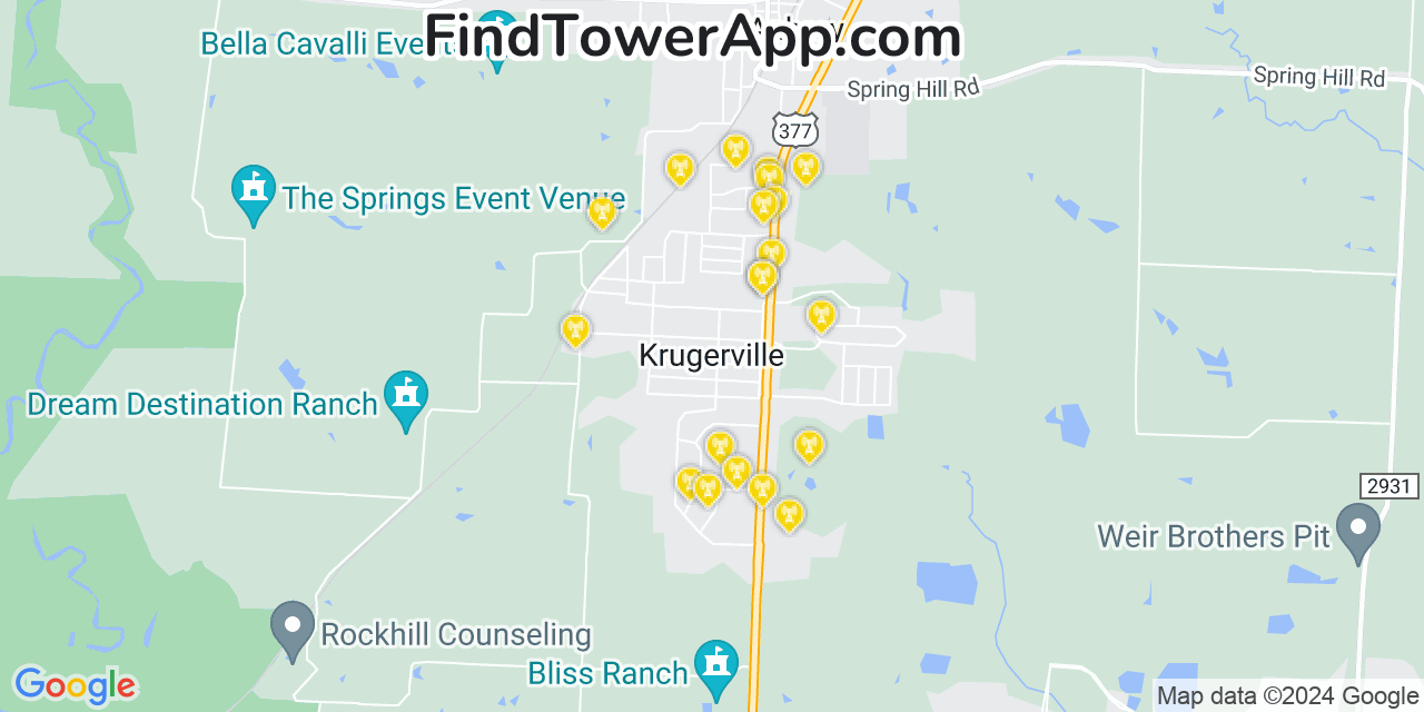 AT&T 4G/5G cell tower coverage map Krugerville, Texas