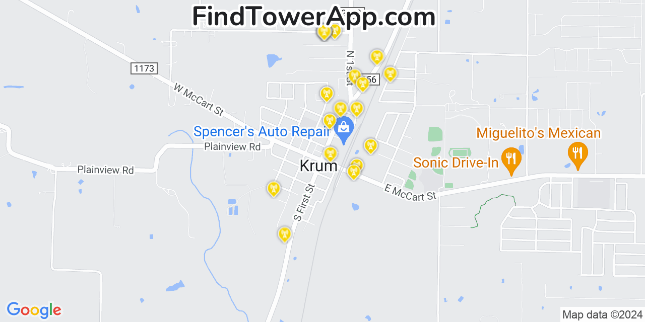 AT&T 4G/5G cell tower coverage map Krum, Texas