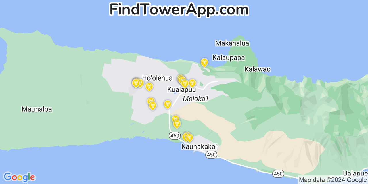 AT&T 4G/5G cell tower coverage map Kualapu‘u, Hawaii