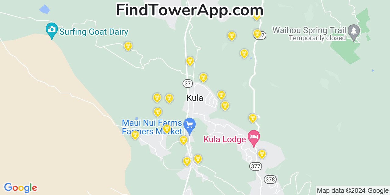 AT&T 4G/5G cell tower coverage map Kula, Hawaii