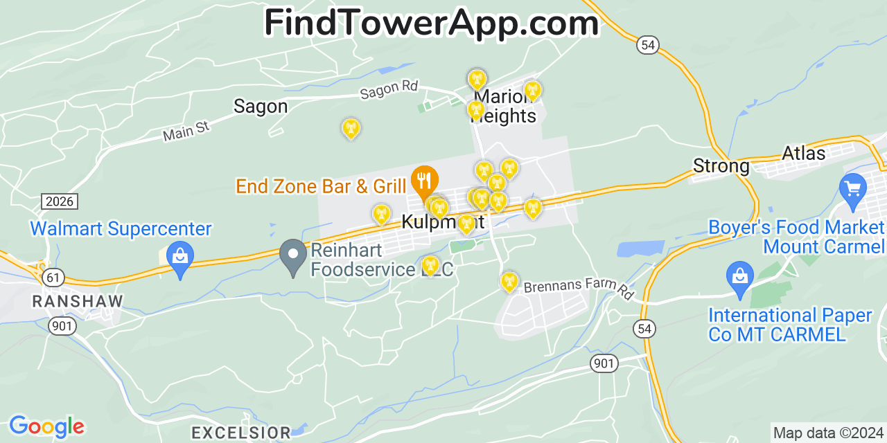 AT&T 4G/5G cell tower coverage map Kulpmont, Pennsylvania