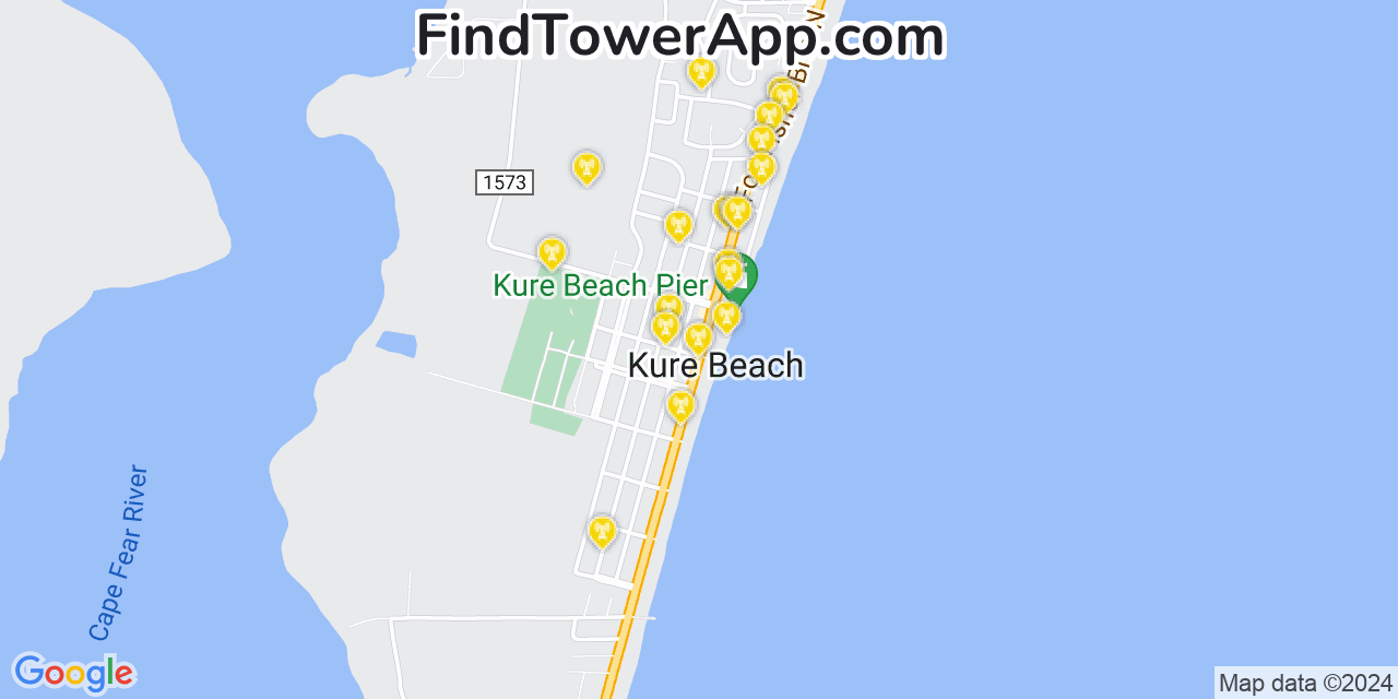 AT&T 4G/5G cell tower coverage map Kure Beach, North Carolina