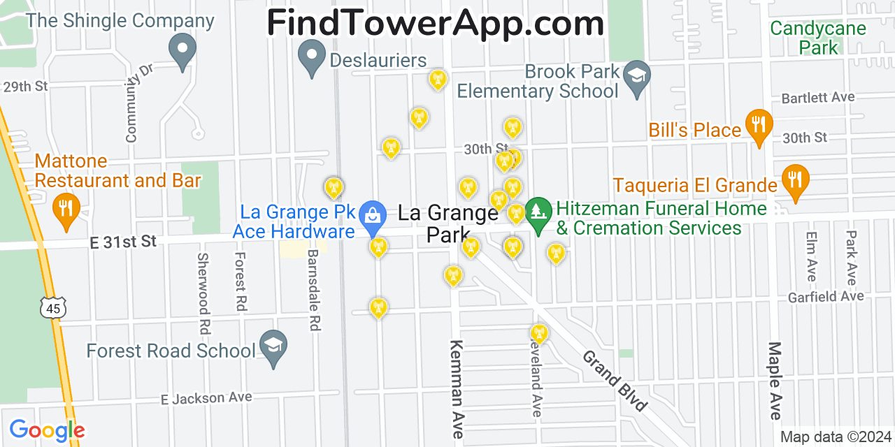 AT&T 4G/5G cell tower coverage map La Grange Park, Illinois