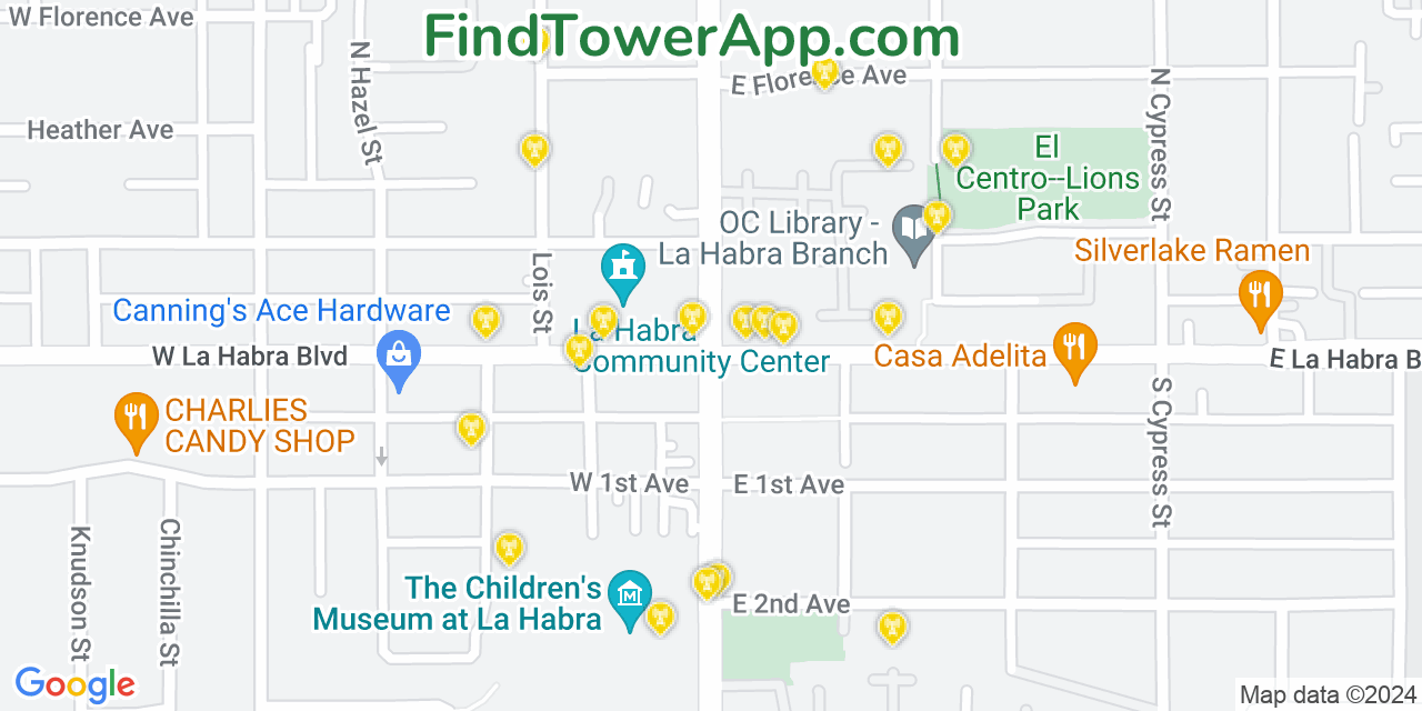 AT&T 4G/5G cell tower coverage map La Habra, California