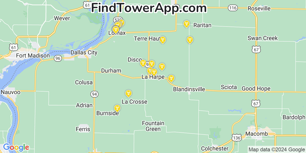 AT&T 4G/5G cell tower coverage map La Harpe, Illinois