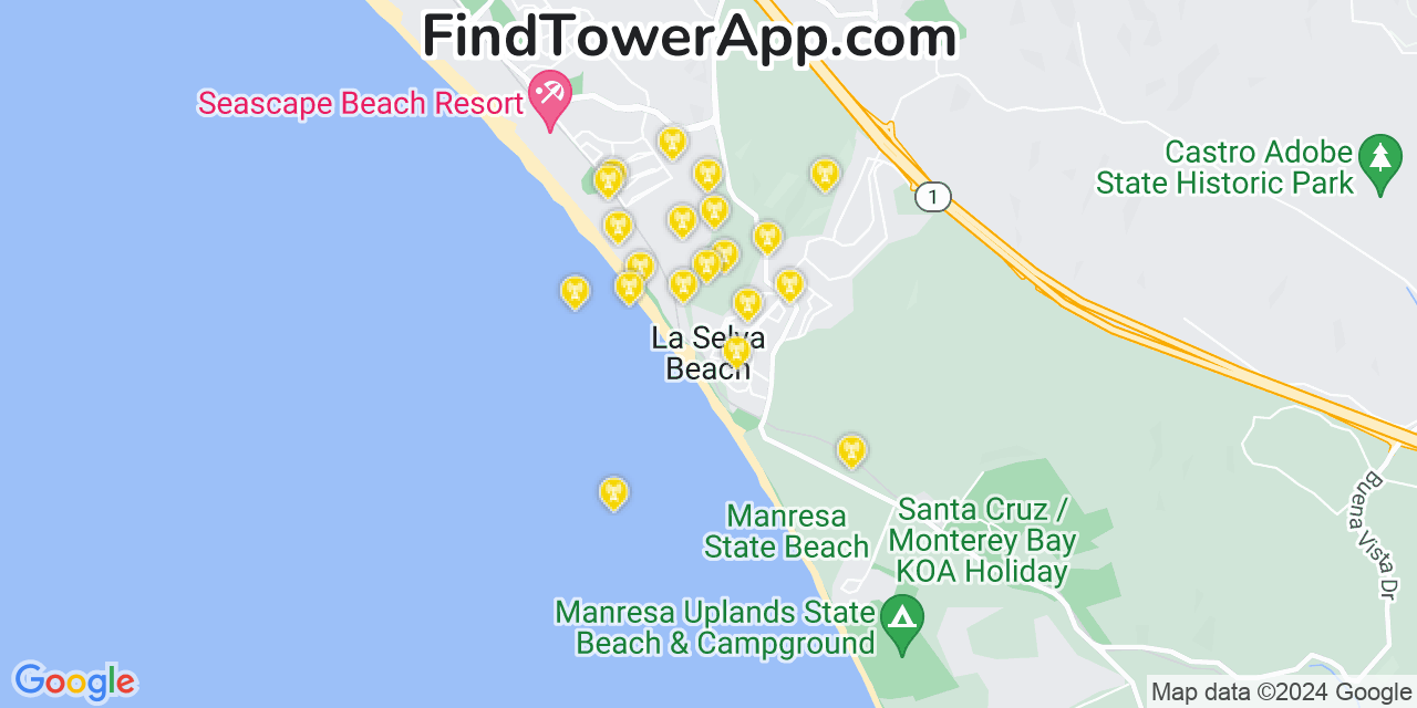 AT&T 4G/5G cell tower coverage map La Selva Beach, California