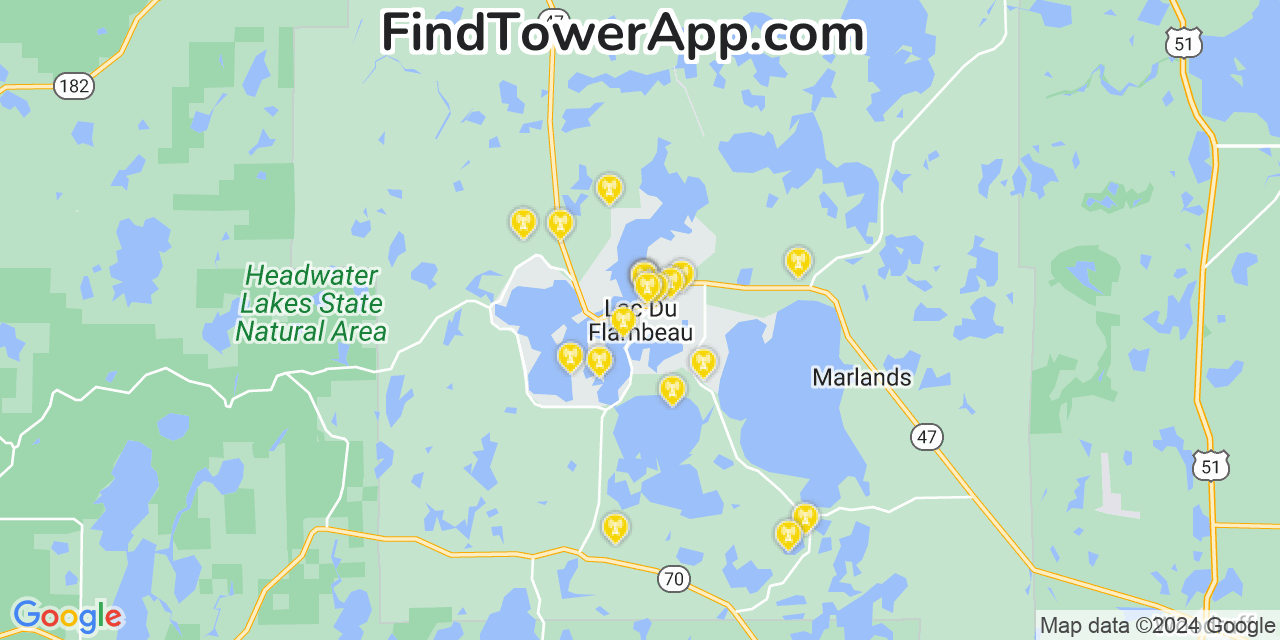 AT&T 4G/5G cell tower coverage map Lac du Flambeau, Wisconsin