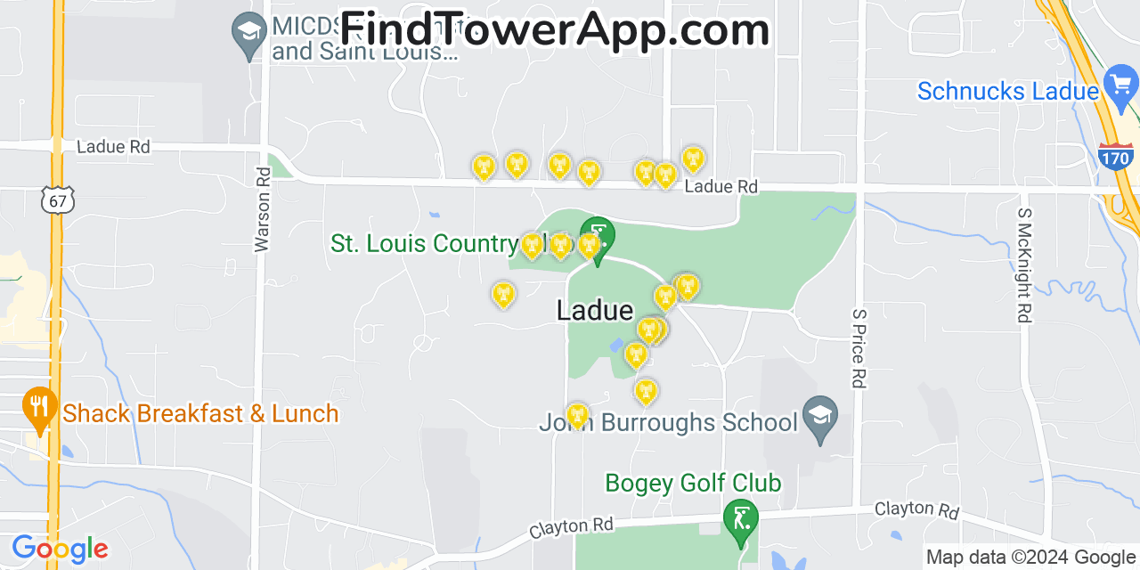 AT&T 4G/5G cell tower coverage map Ladue, Missouri