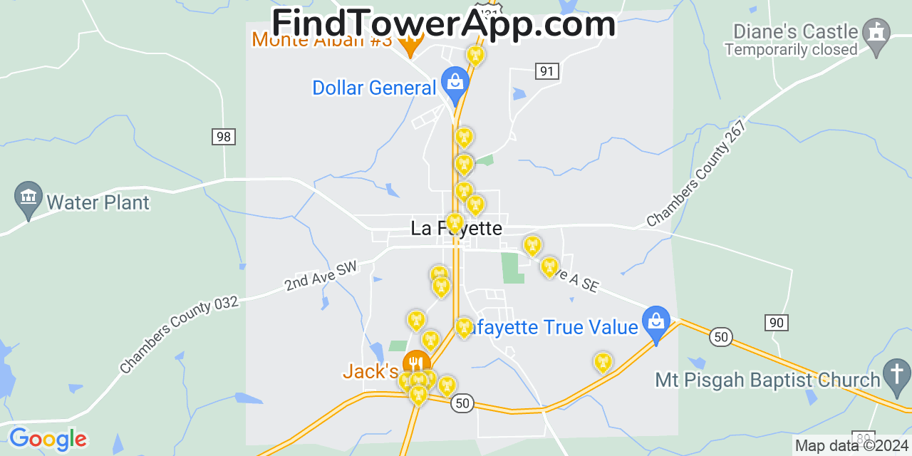 AT&T 4G/5G cell tower coverage map Lafayette, Alabama