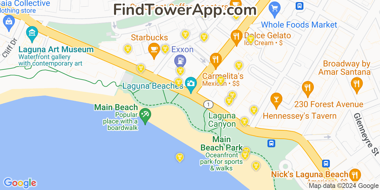 AT&T 4G/5G cell tower coverage map Laguna Beach, California