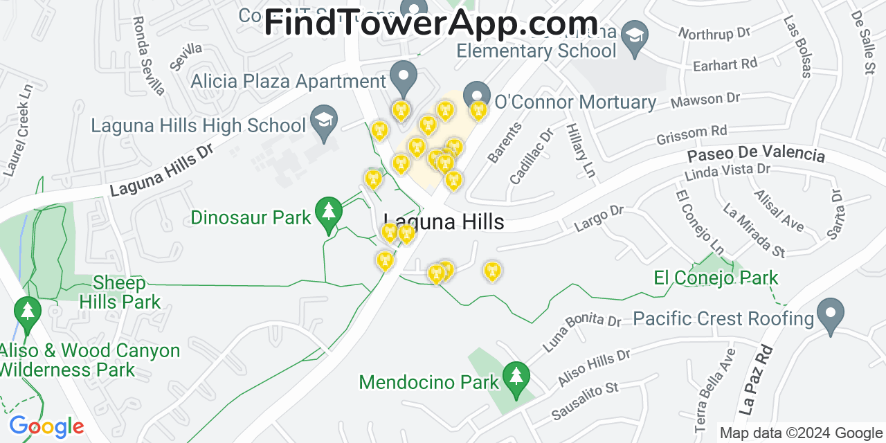 AT&T 4G/5G cell tower coverage map Laguna Hills, California