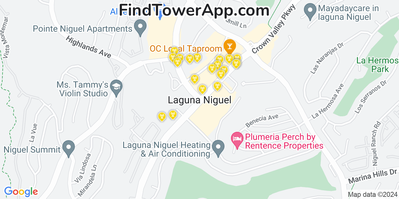 AT&T 4G/5G cell tower coverage map Laguna Niguel, California