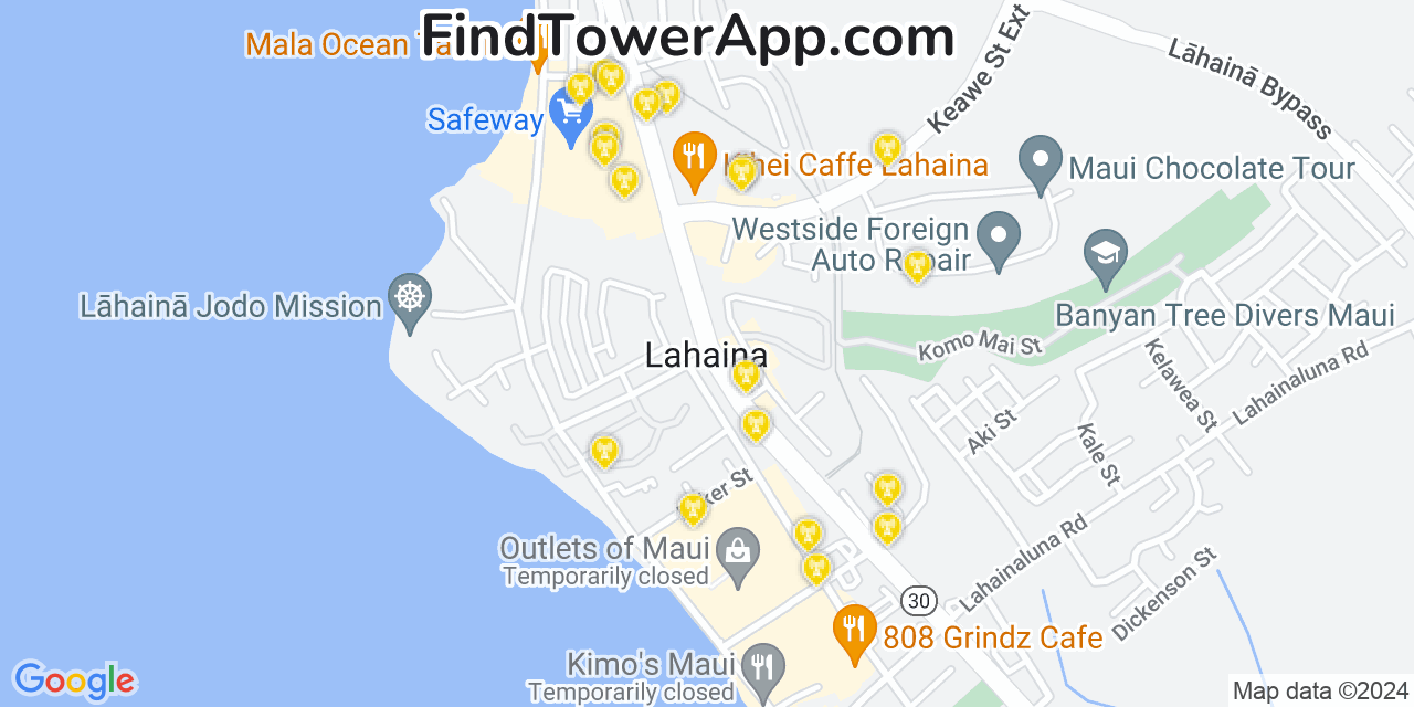 AT&T 4G/5G cell tower coverage map Lahaina, Hawaii