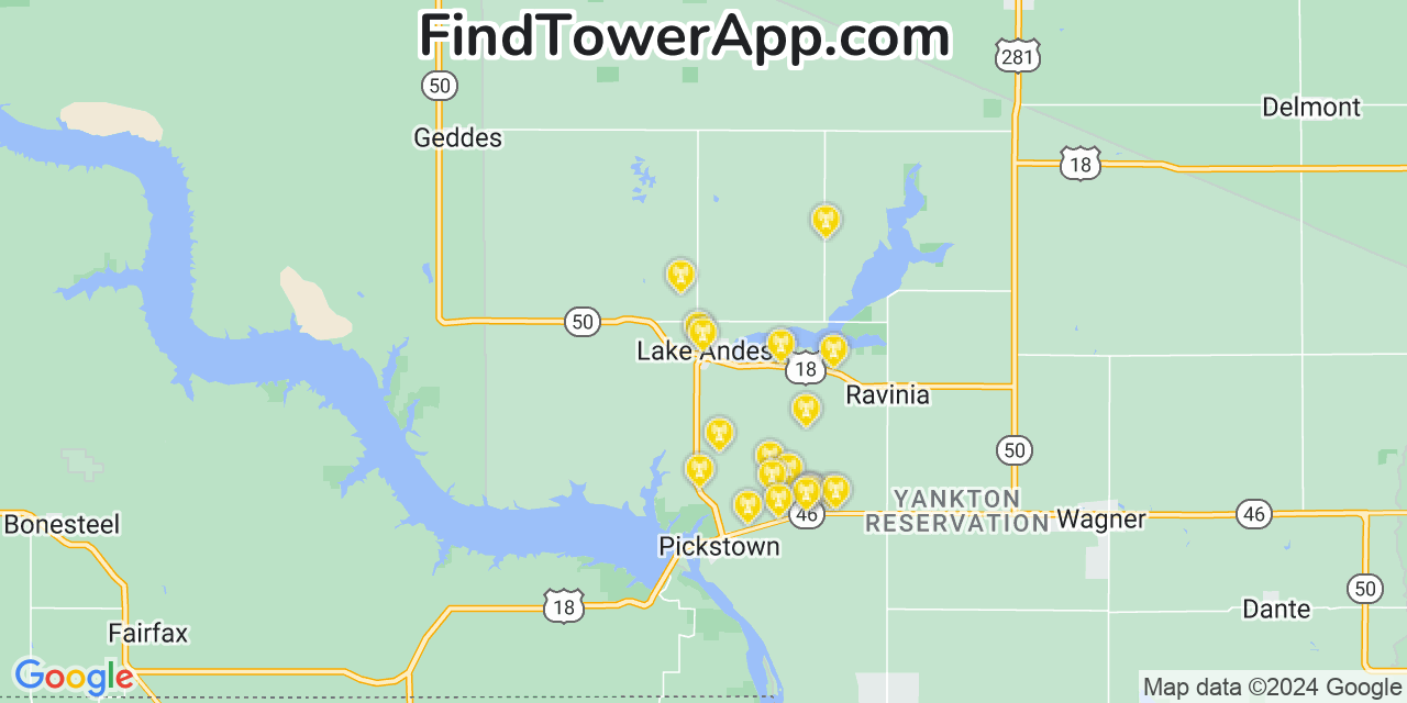 AT&T 4G/5G cell tower coverage map Lake Andes, South Dakota