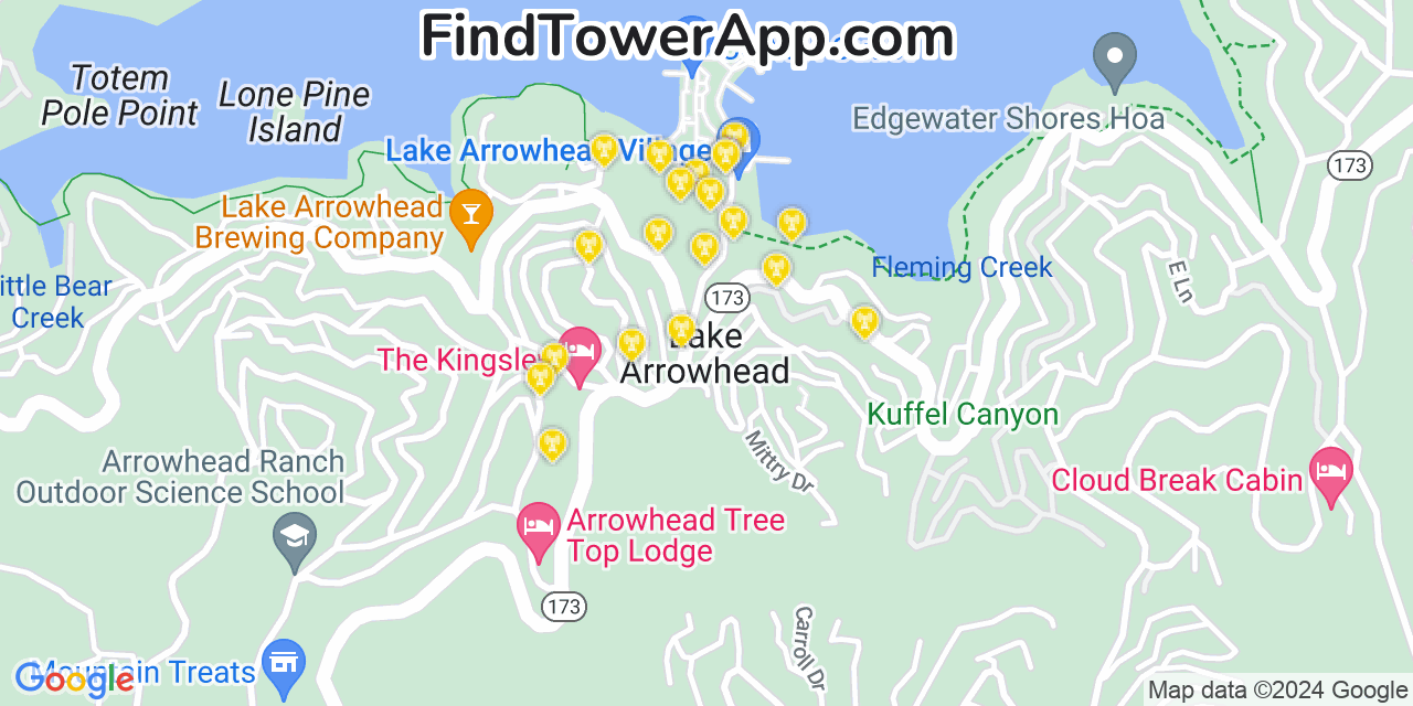AT&T 4G/5G cell tower coverage map Lake Arrowhead, California