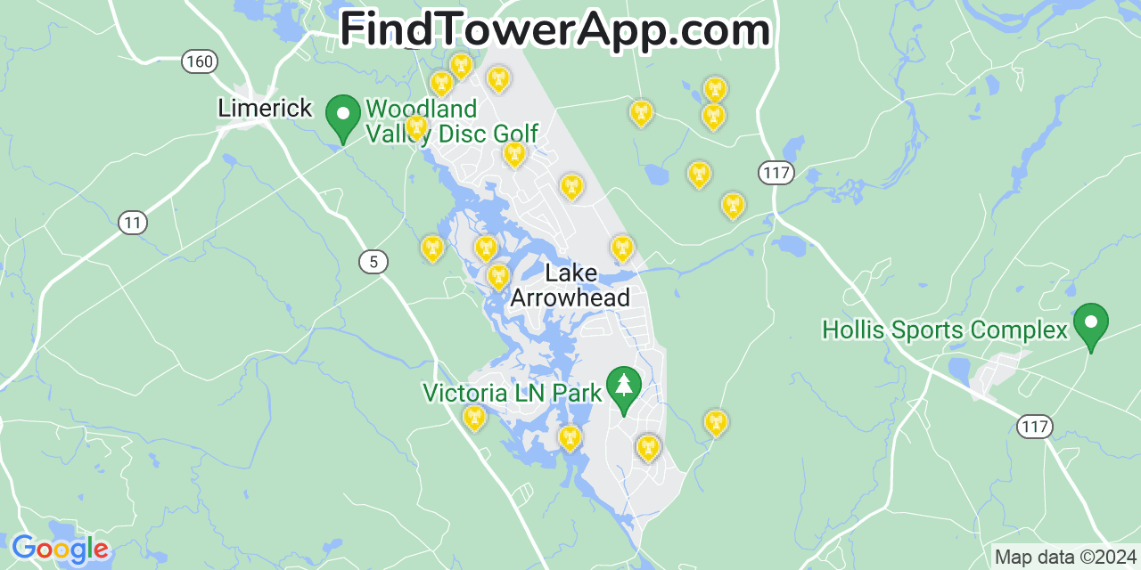 AT&T 4G/5G cell tower coverage map Lake Arrowhead, Maine