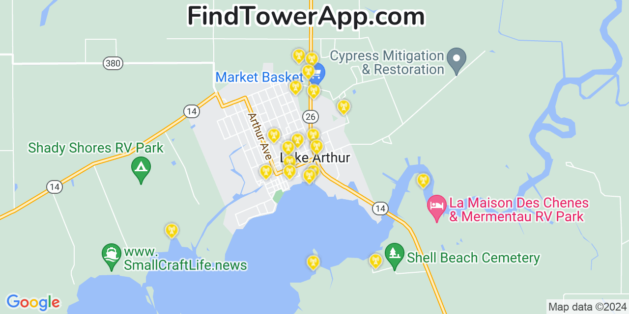 AT&T 4G/5G cell tower coverage map Lake Arthur, Louisiana