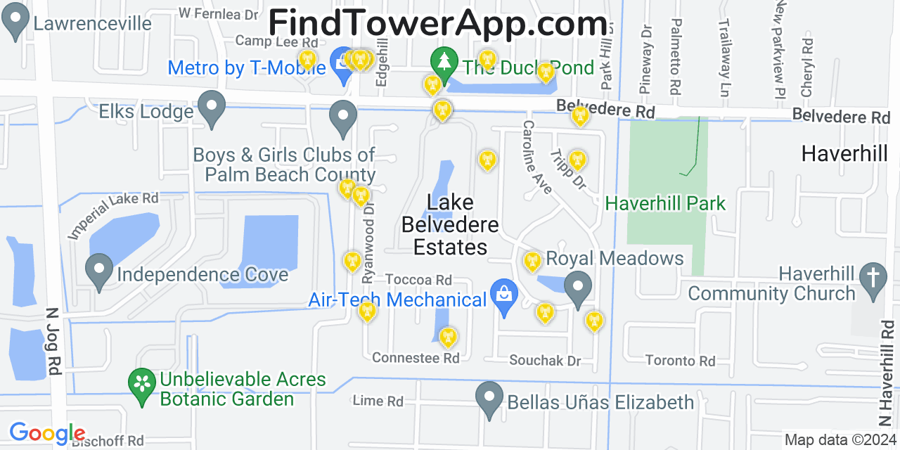 AT&T 4G/5G cell tower coverage map Lake Belvedere Estates, Florida