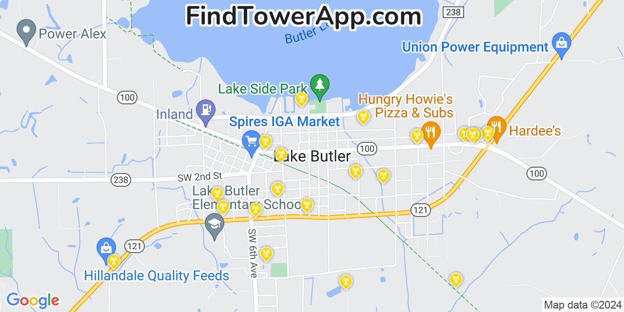 AT&T 4G/5G cell tower coverage map Lake Butler, Florida