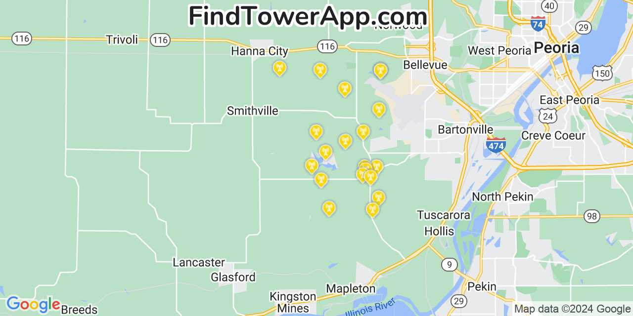 AT&T 4G/5G cell tower coverage map Lake Camelot, Illinois