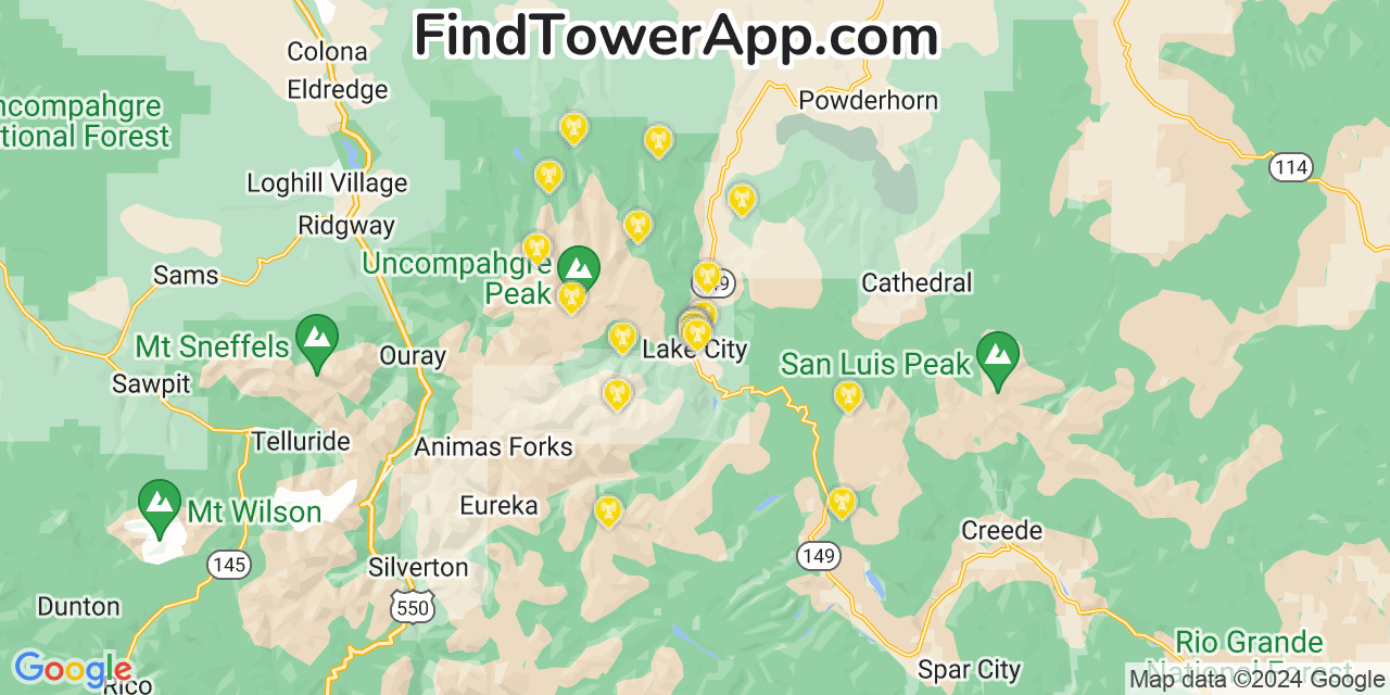 AT&T 4G/5G cell tower coverage map Lake City, Colorado