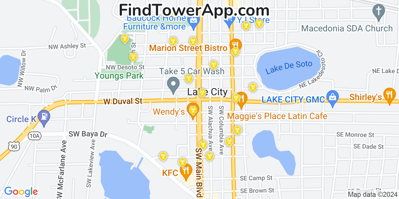 AT&T 4G/5G cell tower coverage map Lake City, Florida