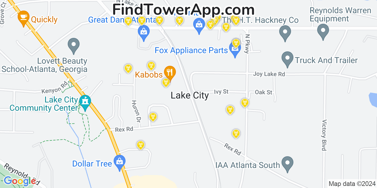 AT&T 4G/5G cell tower coverage map Lake City, Georgia