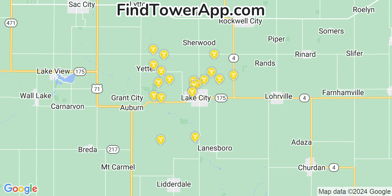 AT&T 4G/5G cell tower coverage map Lake City, Iowa