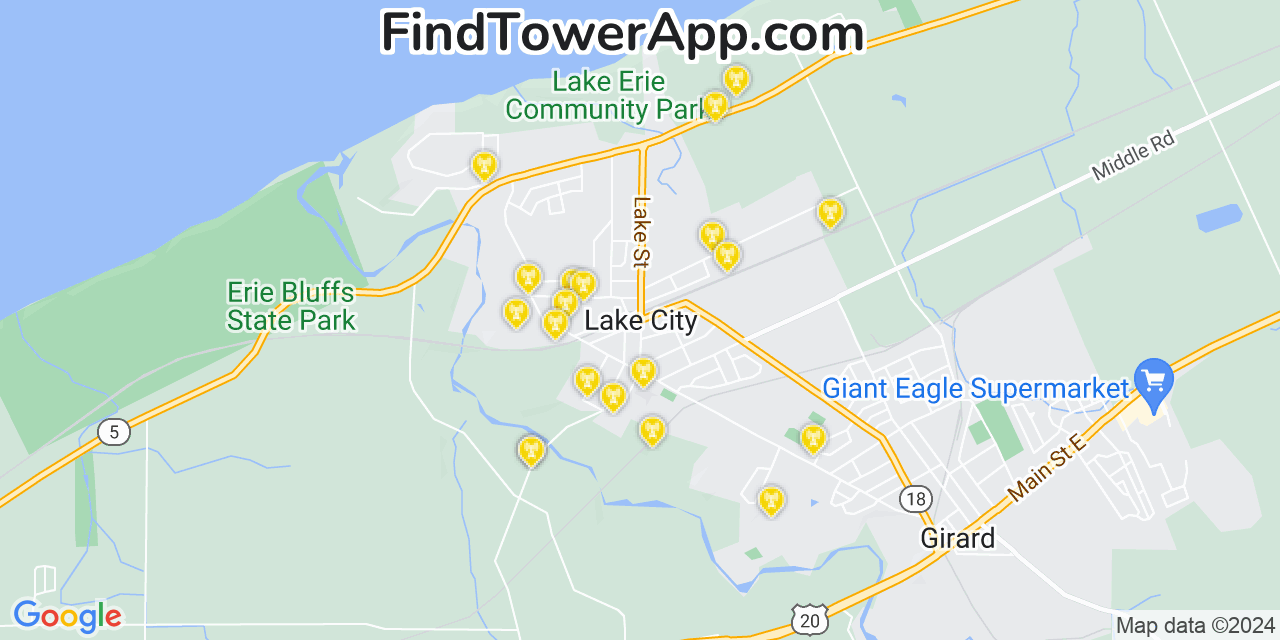AT&T 4G/5G cell tower coverage map Lake City, Pennsylvania