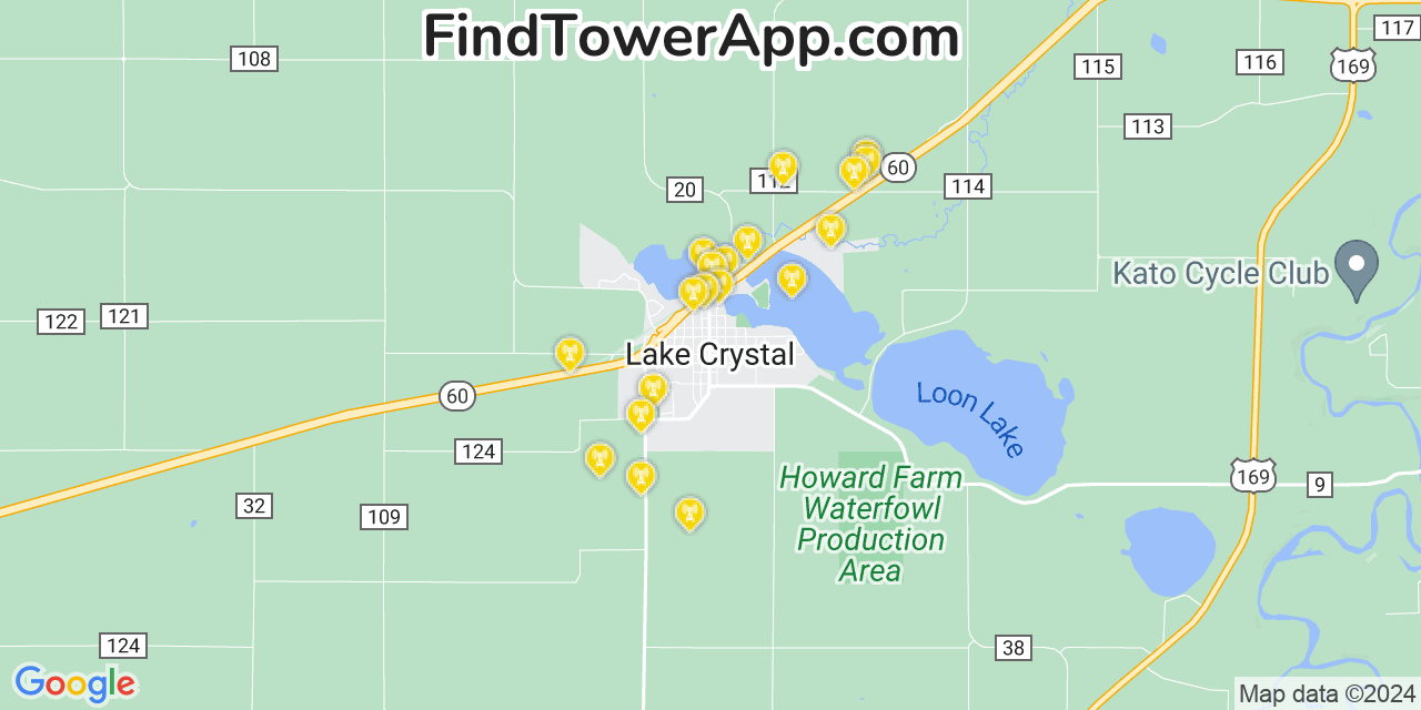 AT&T 4G/5G cell tower coverage map Lake Crystal, Minnesota