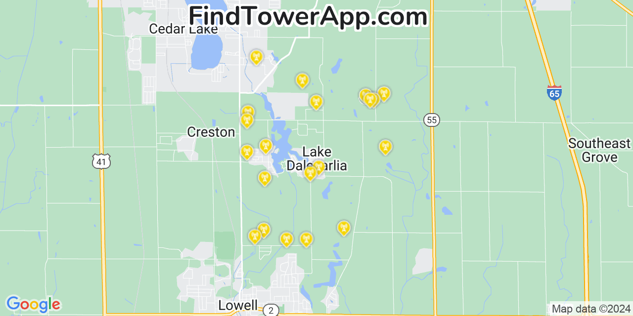 AT&T 4G/5G cell tower coverage map Lake Dalecarlia, Indiana