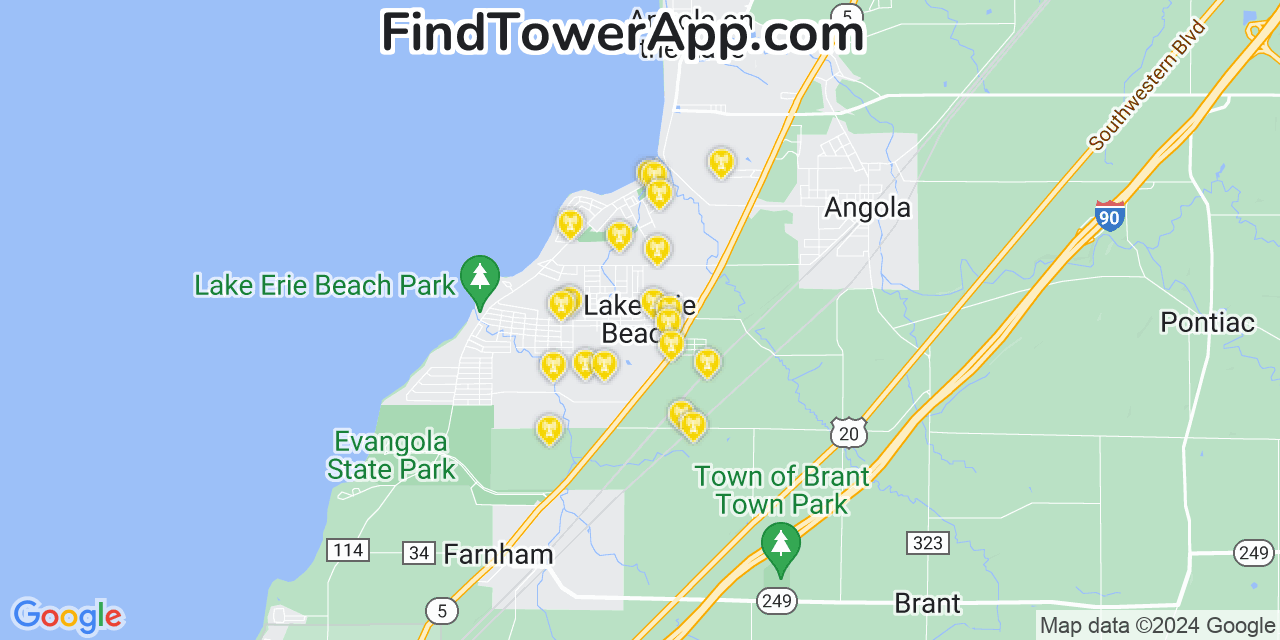 Verizon 4G/5G cell tower coverage map Lake Erie Beach, New York