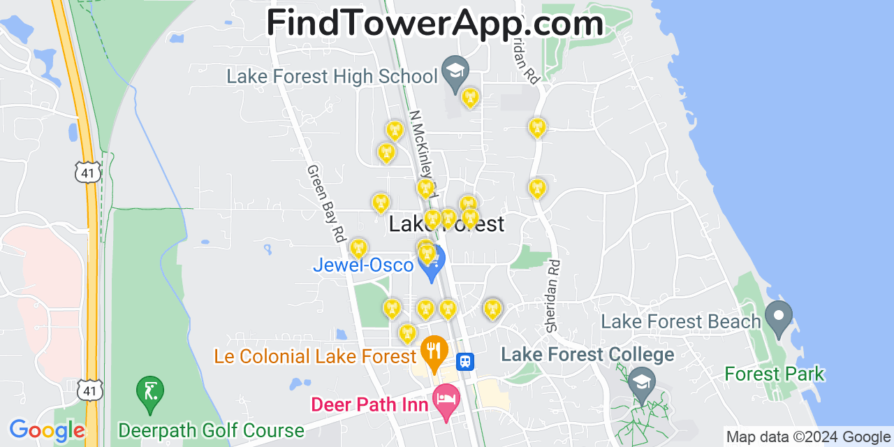 AT&T 4G/5G cell tower coverage map Lake Forest, Illinois