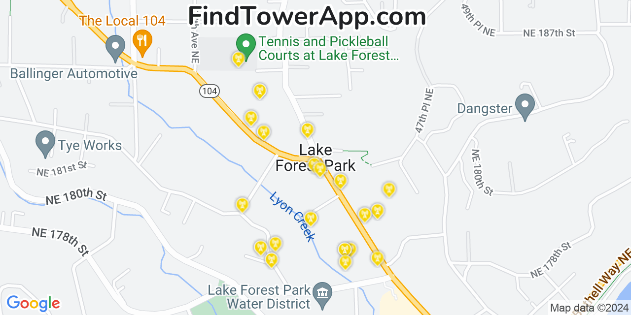 AT&T 4G/5G cell tower coverage map Lake Forest Park, Washington