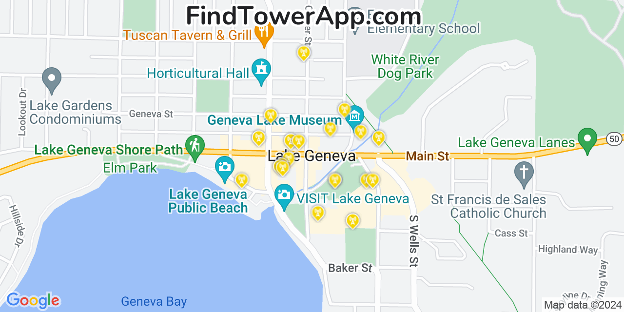 AT&T 4G/5G cell tower coverage map Lake Geneva, Wisconsin