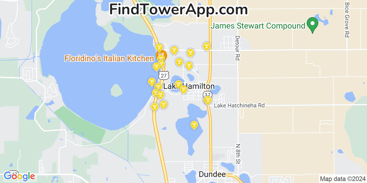 AT&T 4G/5G cell tower coverage map Lake Hamilton, Florida