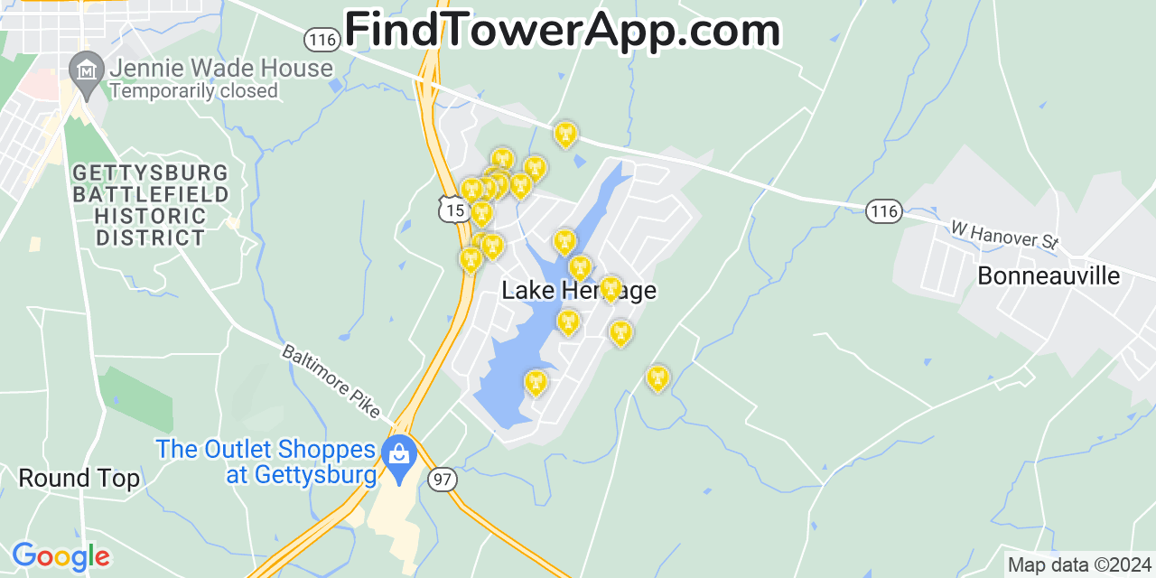 AT&T 4G/5G cell tower coverage map Lake Heritage, Pennsylvania