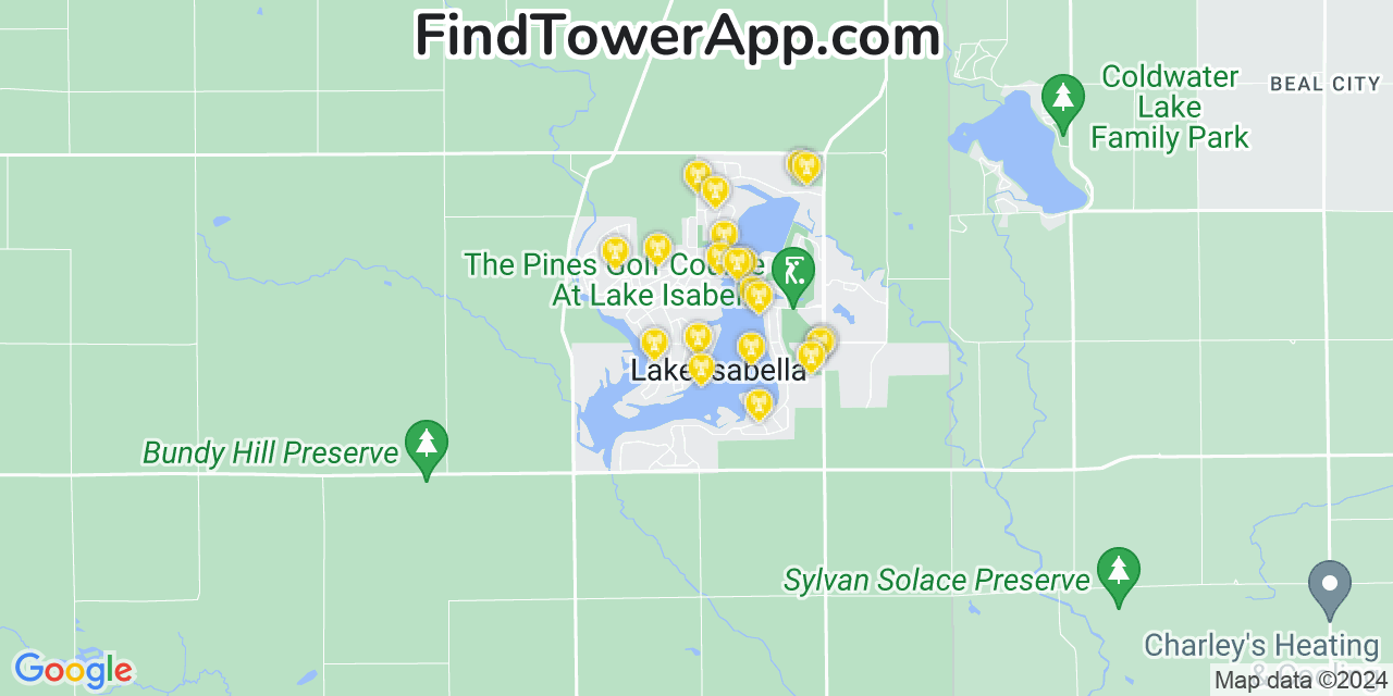 AT&T 4G/5G cell tower coverage map Lake Isabella, Michigan